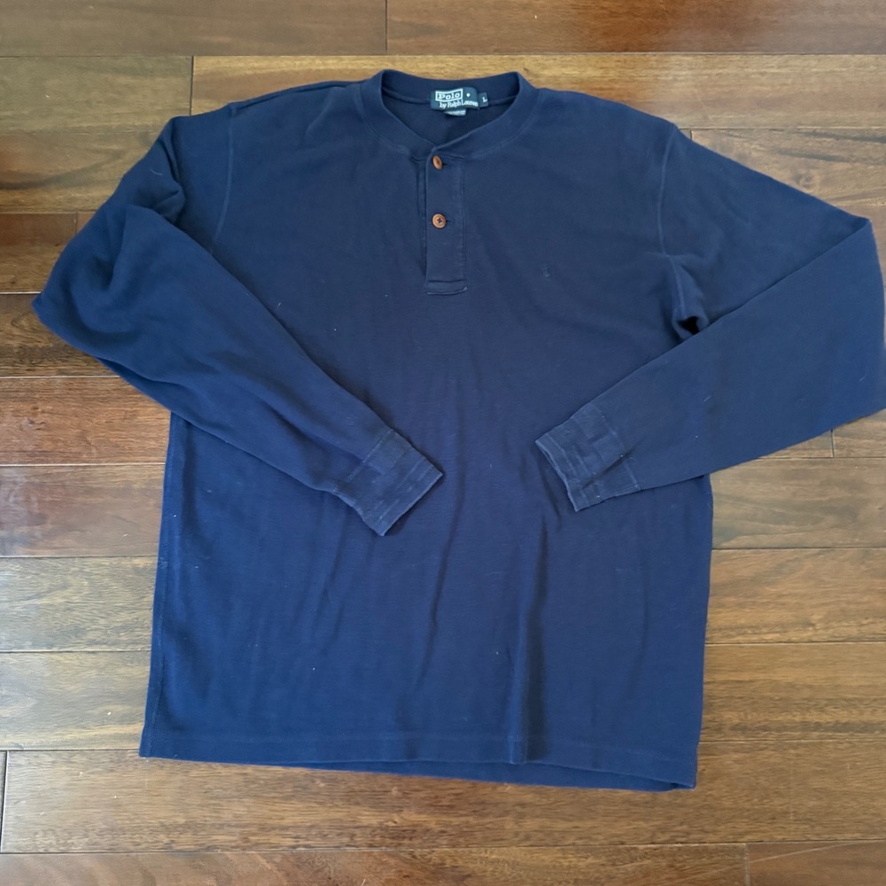 Polo Ralph Lauren Mens L Navy Blue Cotton Henley Shirt Long Sleeve Classic